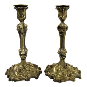 Pair of 1940s French Rococo Revival Style Brass Over Bronze Doré Candlesticks