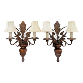 Pair of 1960s Fine Arts Company Wood and Metal Plant Urn Two Light Wall Sconces