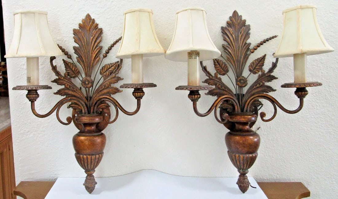 Pair of 1960s Fine Arts Company Wood and Metal Plant Urn Two Light Wall Sconces - 2