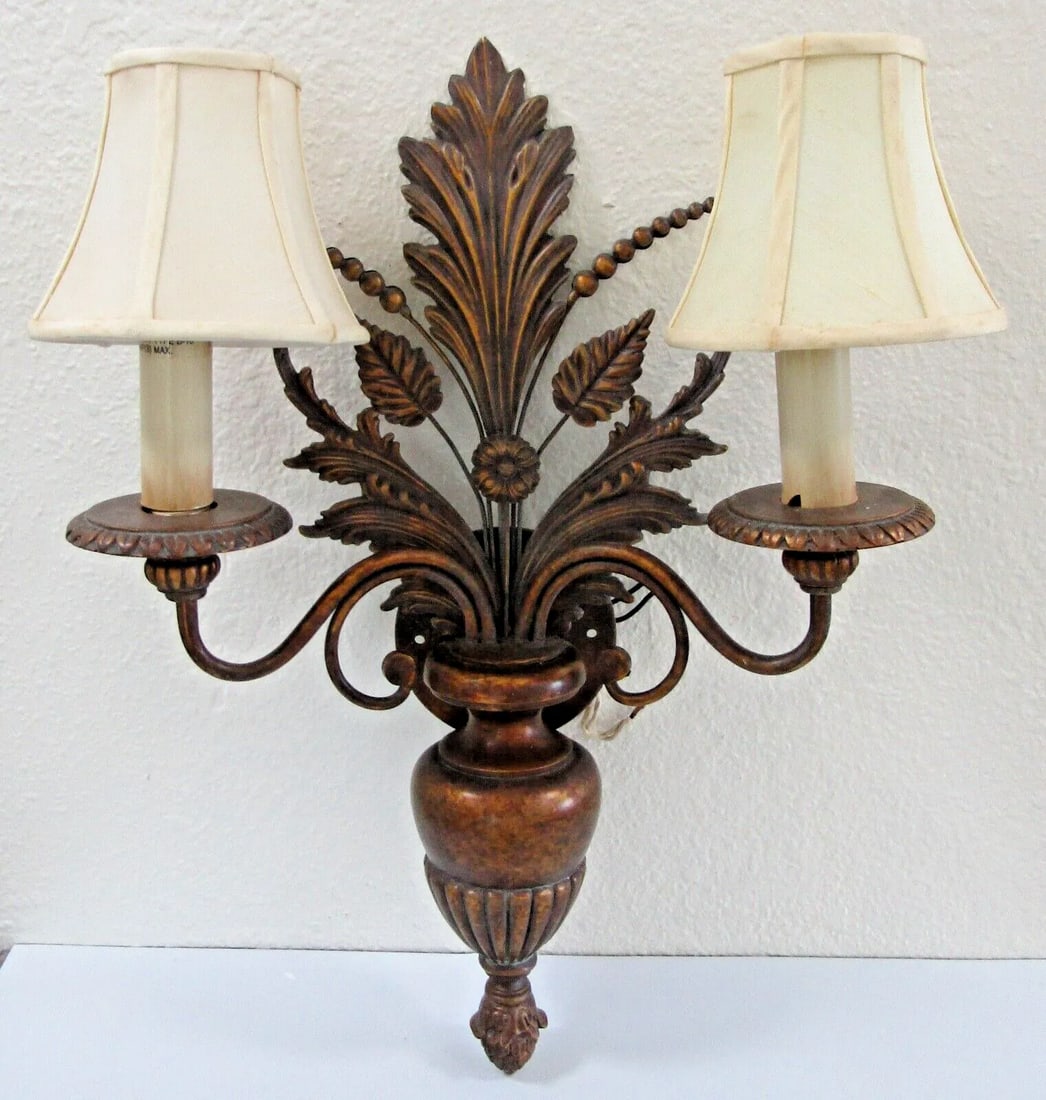 Pair of 1960s Fine Arts Company Wood and Metal Plant Urn Two Light Wall Sconces - 3