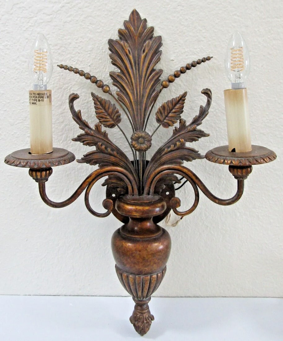 Pair of 1960s Fine Arts Company Wood and Metal Plant Urn Two Light Wall Sconces - 4