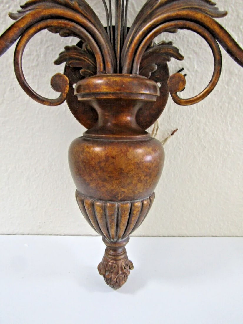 Pair of 1960s Fine Arts Company Wood and Metal Plant Urn Two Light Wall Sconces - 6