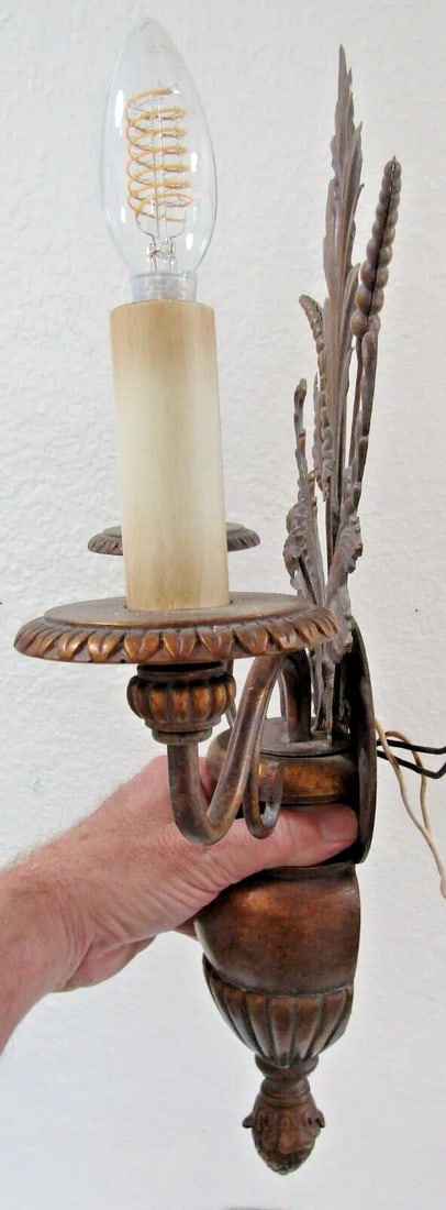 Pair of 1960s Fine Arts Company Wood and Metal Plant Urn Two Light Wall Sconces - 7