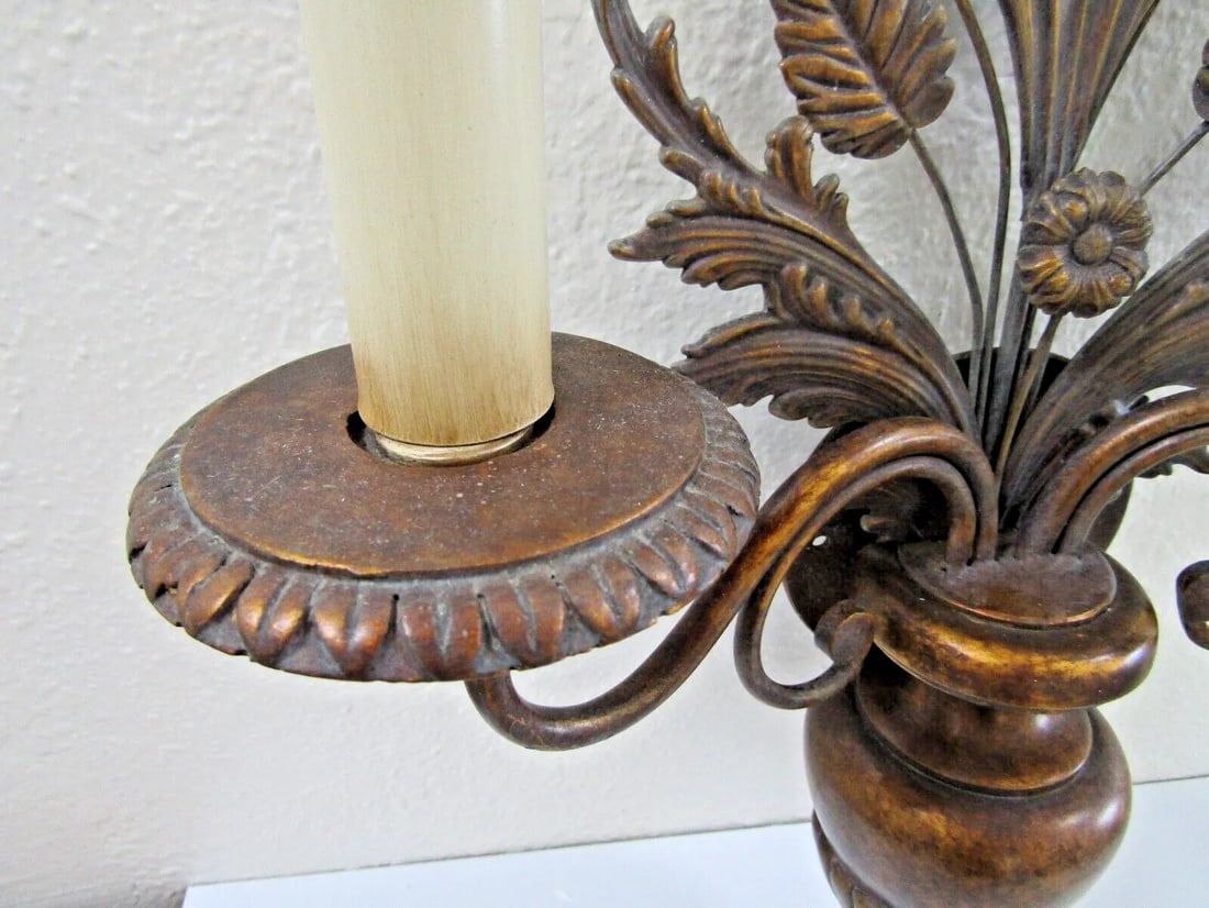 Pair of 1960s Fine Arts Company Wood and Metal Plant Urn Two Light Wall Sconces - 8