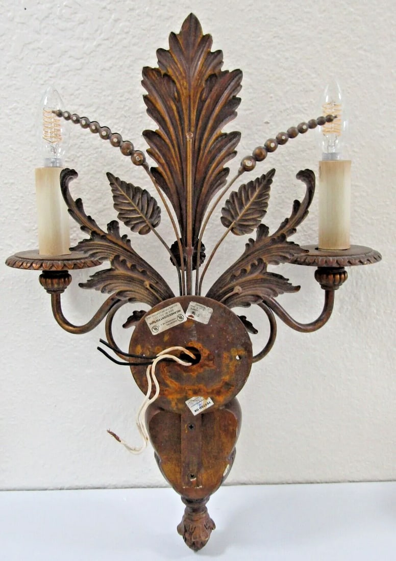 Pair of 1960s Fine Arts Company Wood and Metal Plant Urn Two Light Wall Sconces - 9