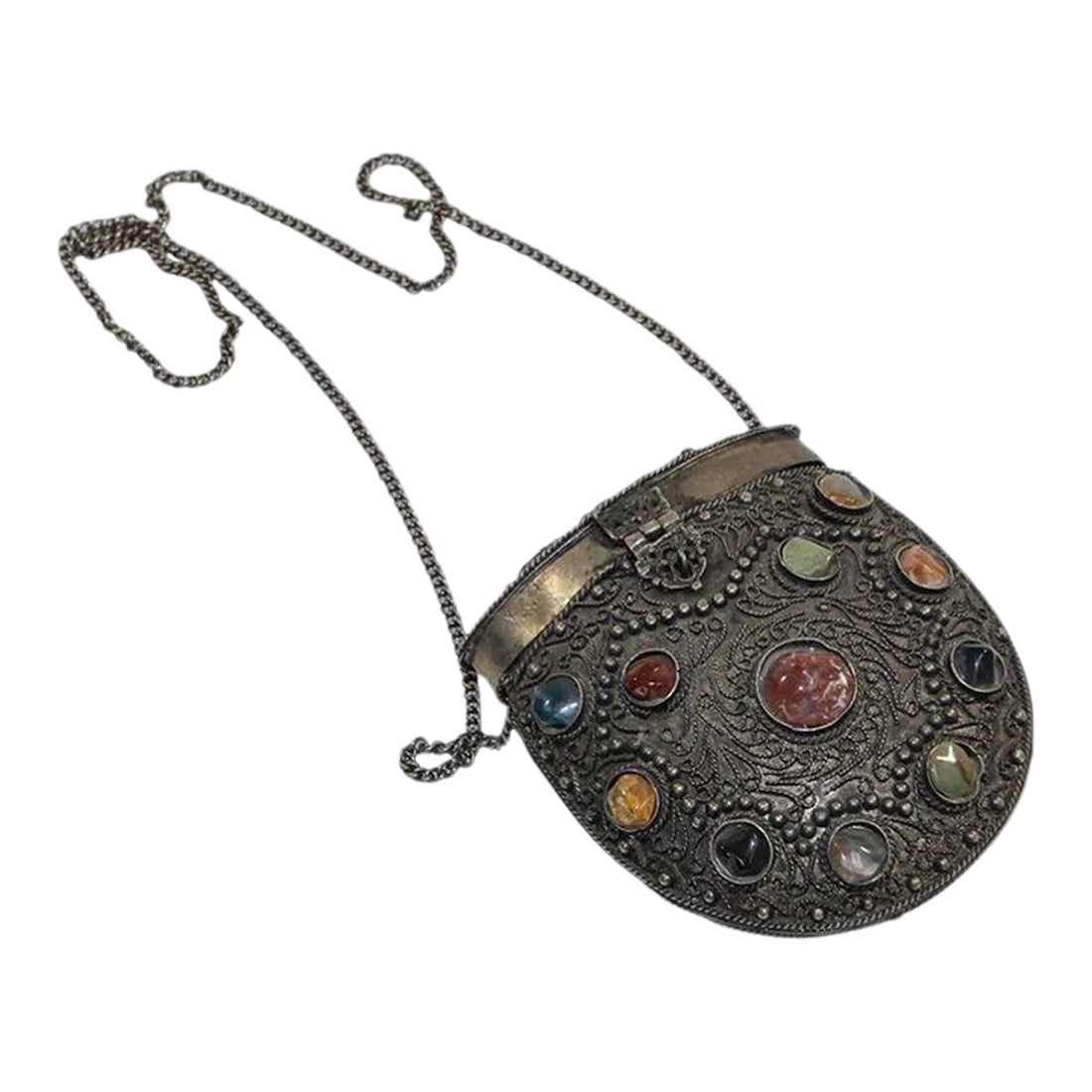 Vintage Sajai Metal and Agate Scroll Box Coin Purse, Handmade in India: Vintage Sajai metal and agate talisman box coin purse, Handmade in India,Handmade Sajai metal cross body purse with multi-colored agates and intricately applied metal windings.Sajai means "˜to