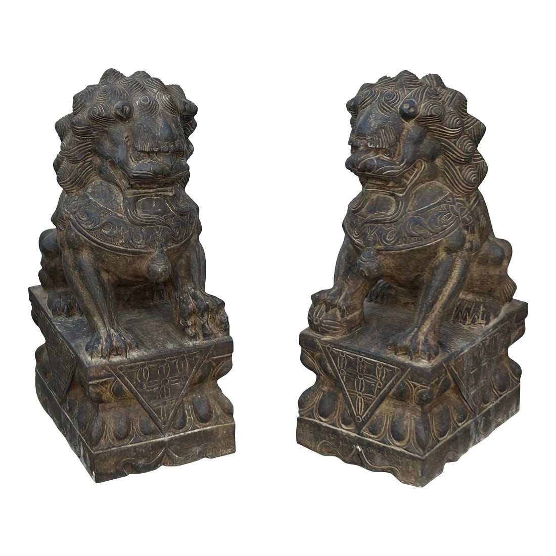 15" Pair Chinese Rustic Stone Fengshui Foo Dogs Lions Statue: The Pair Chinese Rustic Brown Marks Stone Fengshui Foo Dogs Lions Statue is a stunning embodiment of traditional Chinese symbolism and craftsmanship. Crafted from natural stone, these statues exude el