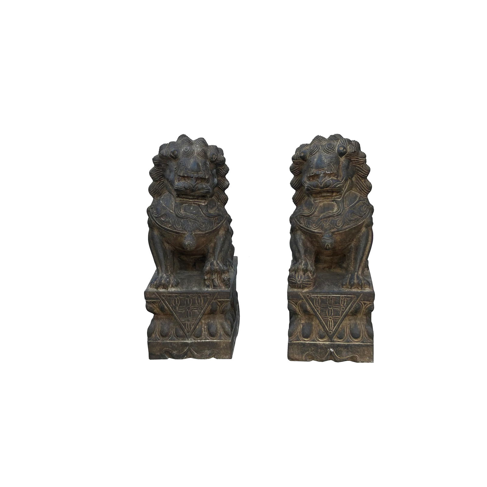 15" Pair Chinese Rustic Stone Fengshui Foo Dogs Lions Statue - 2