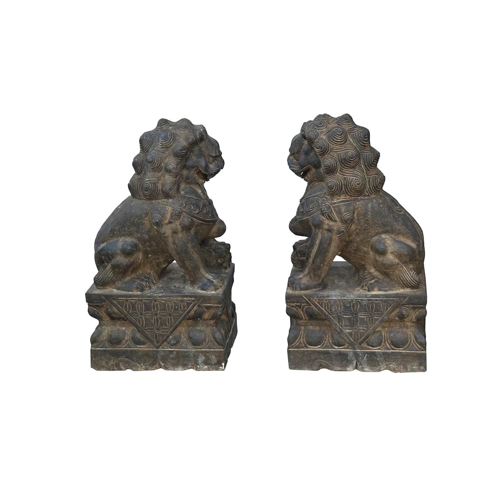15" Pair Chinese Rustic Stone Fengshui Foo Dogs Lions Statue - 4