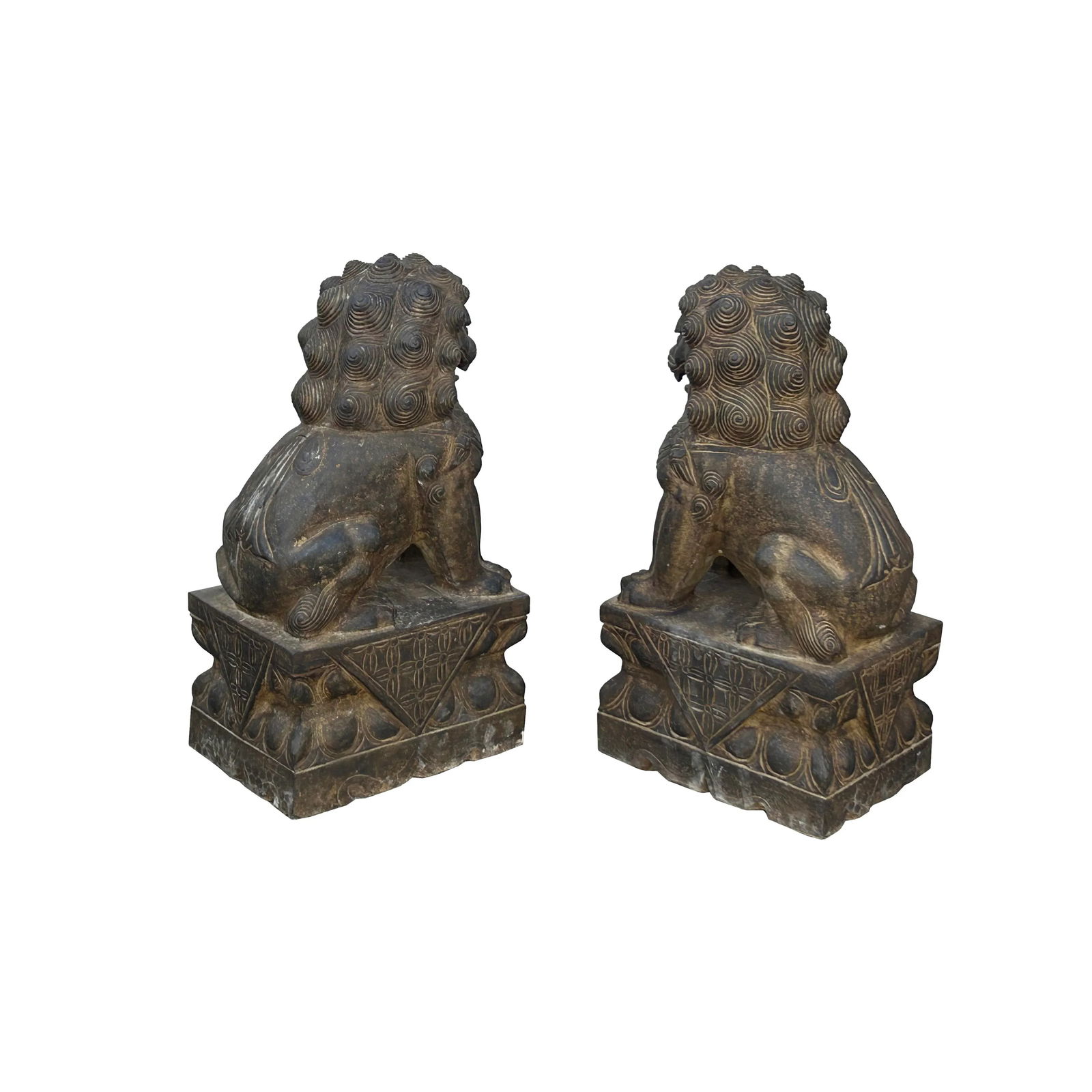 15" Pair Chinese Rustic Stone Fengshui Foo Dogs Lions Statue - 5
