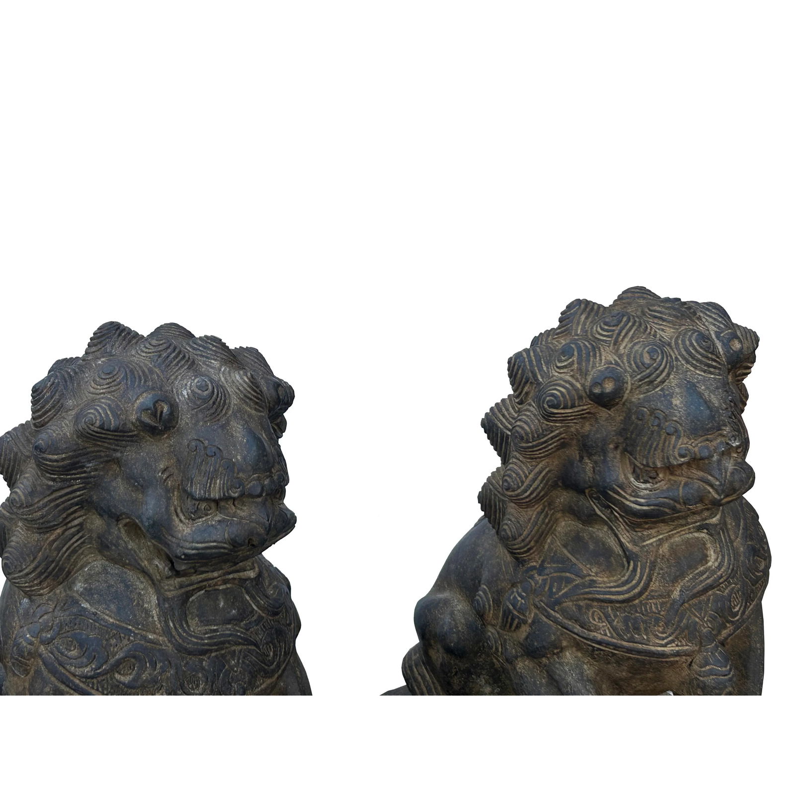 15" Pair Chinese Rustic Stone Fengshui Foo Dogs Lions Statue - 6