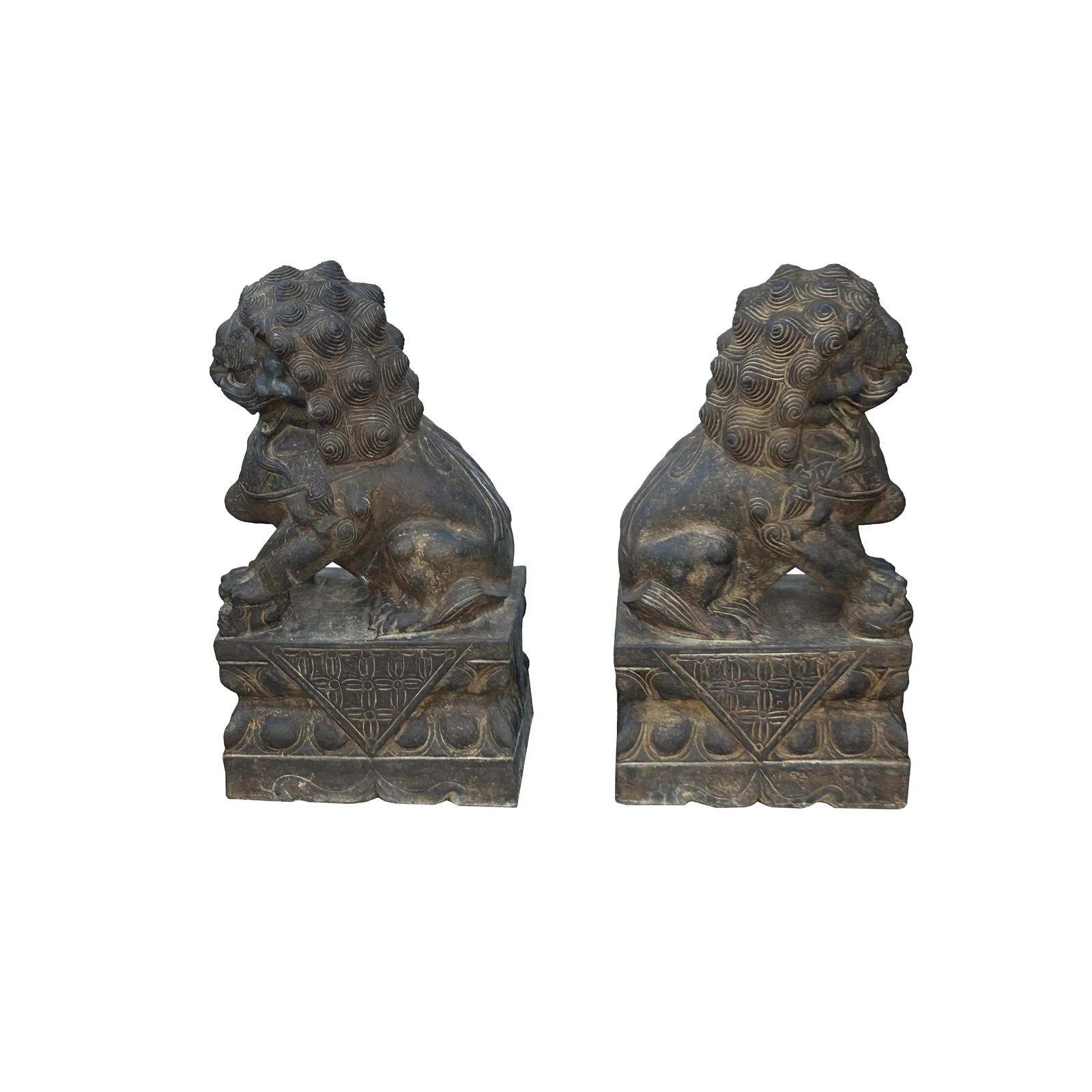 15" Pair Chinese Rustic Stone Fengshui Foo Dogs Lions Statue - 7