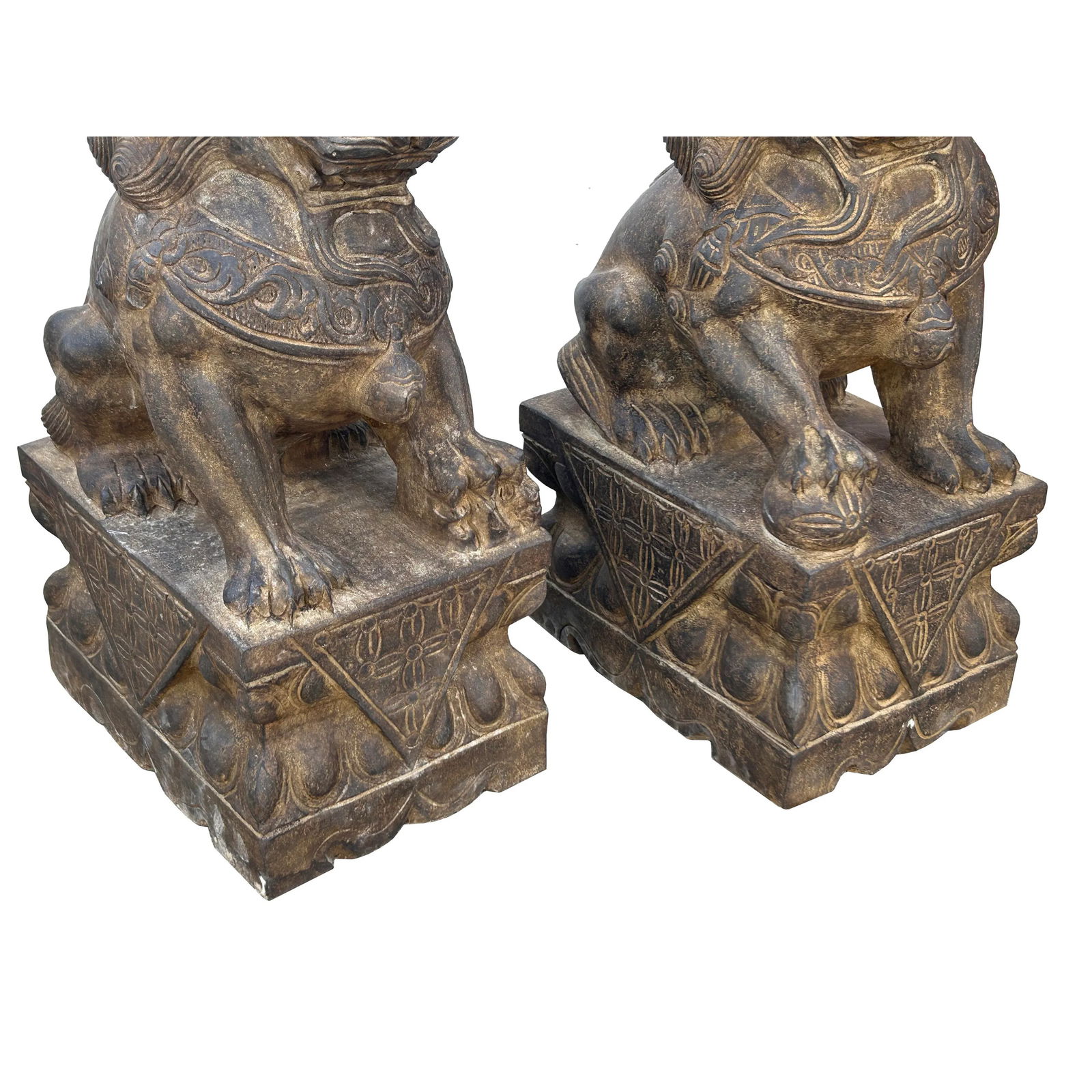 15" Pair Chinese Rustic Stone Fengshui Foo Dogs Lions Statue - 8