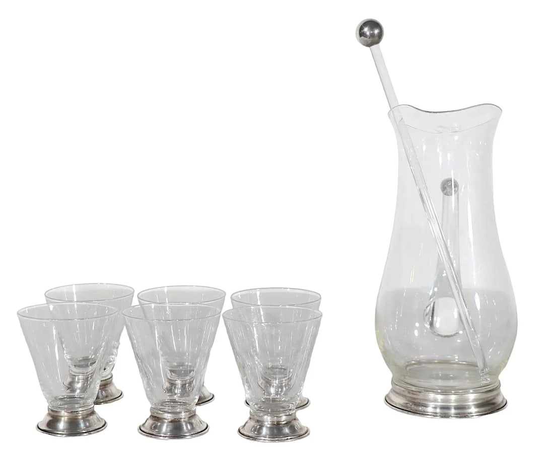 8 Pc. Wallace Sterling and Glass Mid Century Cocktail Pitcher Set - 8