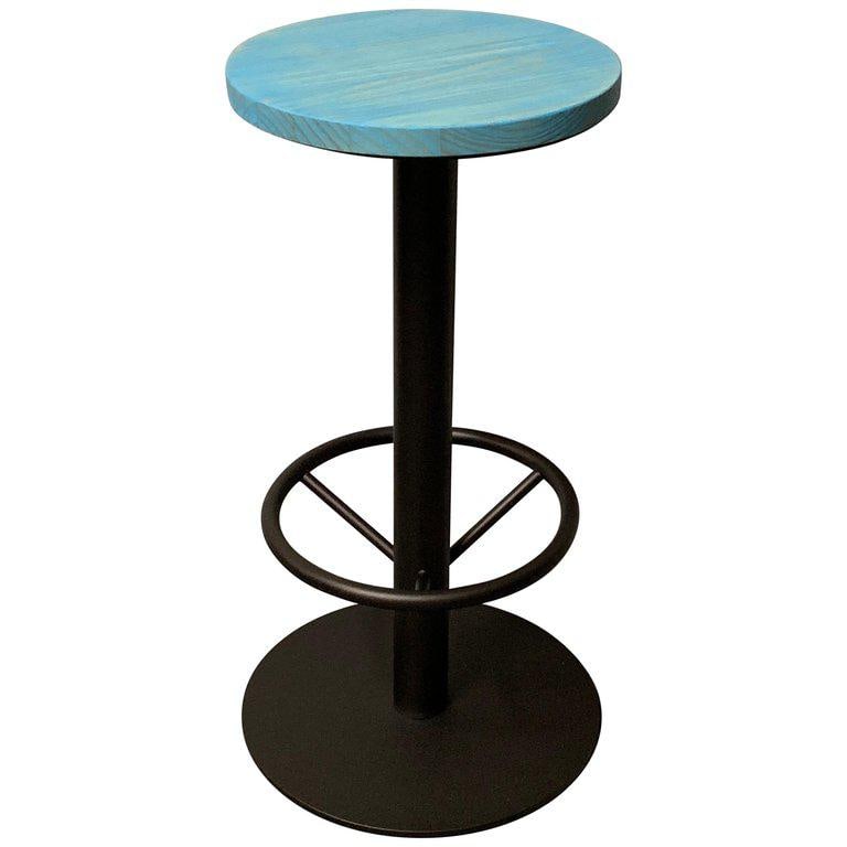 New Industrial Wrought Iron Shop Stool With Turquoise Wood Seat - 10