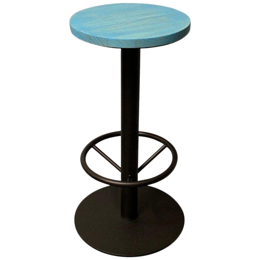 New Industrial Wrought Iron Shop Stool With Turquoise Wood Seat: About Industrial, counter height, shop stool features a wrought iron frame and seat. PRODUCTION TIME It will take 2-3 weeks to make this piece IN THE STYLE OF Industrial PLACE OF ORIGIN Spain