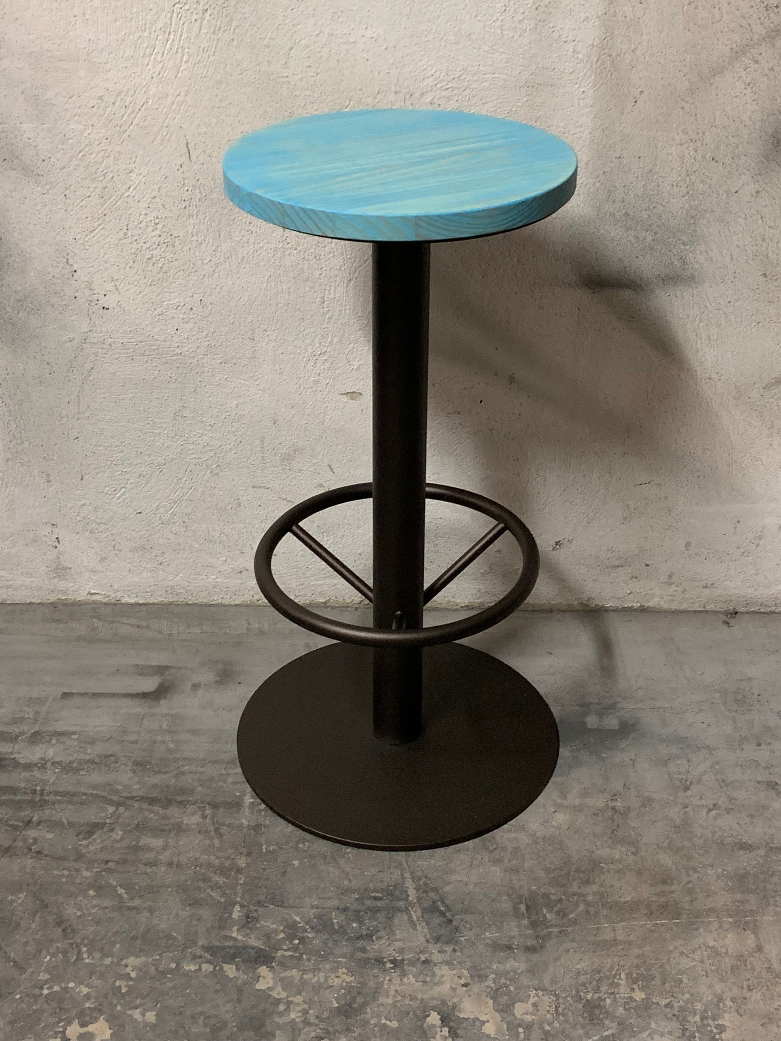 New Industrial Wrought Iron Shop Stool With Turquoise Wood Seat - 4