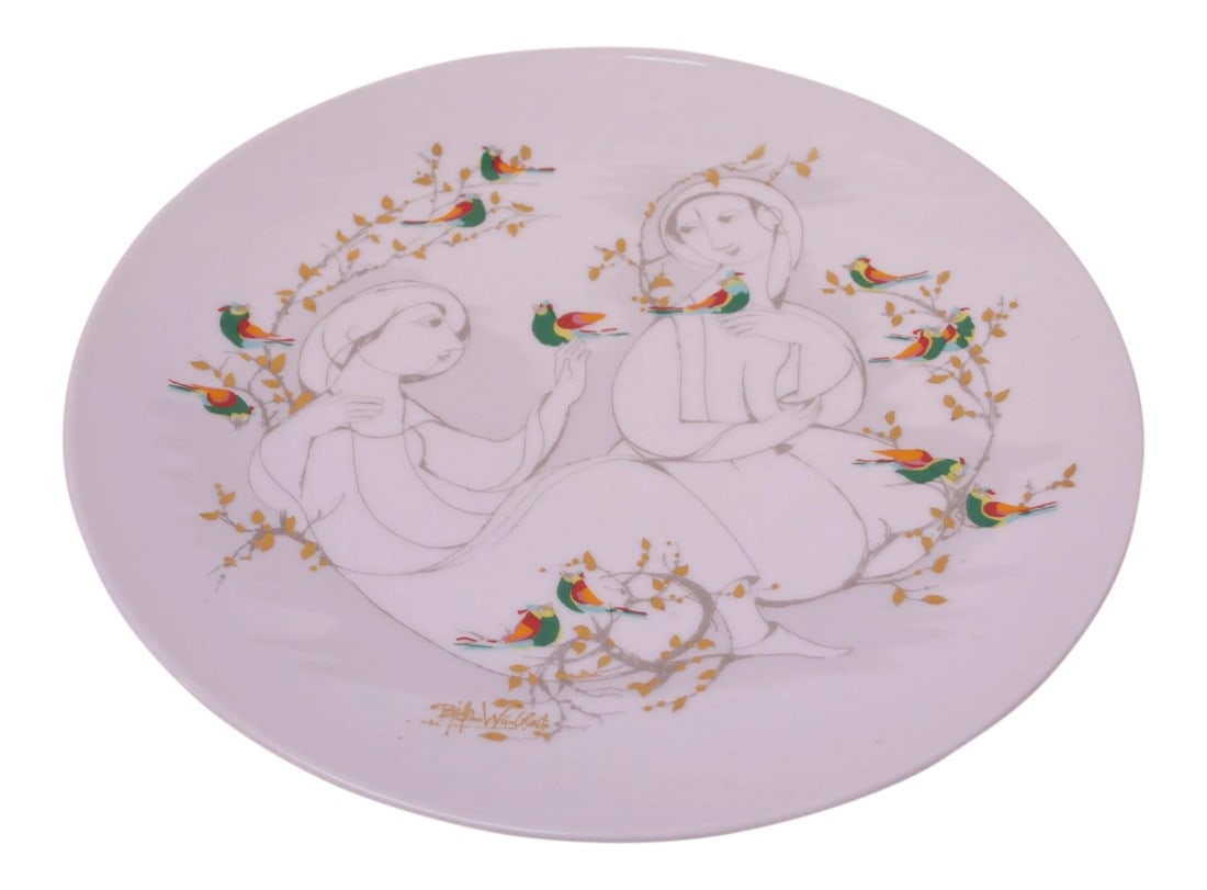 BjÃ¸rn Wiinblad for Rosenthal Studio Line Decorative Plate: BjÃ¸rn Wiinblad for Rosenthal porcelain wall plate circa 1970s Denmark. Figures' outlines are lightly sketched but stand-out because they are framed with the contrasting orange, red, and gre