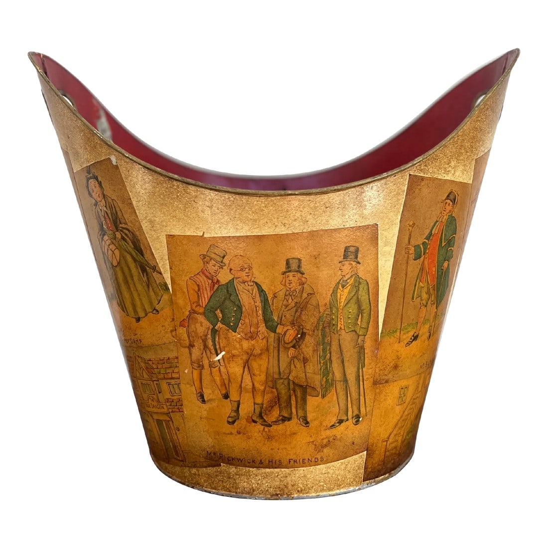 Vintage Mr Pickwick & His Friends Tole Bucket or Trash Can: Italian, early to mid 20th century. A vintage yellow tole bucket or trash can adorned with paper mache Mr. Pickwick & Friends decorations to exterior and a red interior. Otherwise unmarked. 