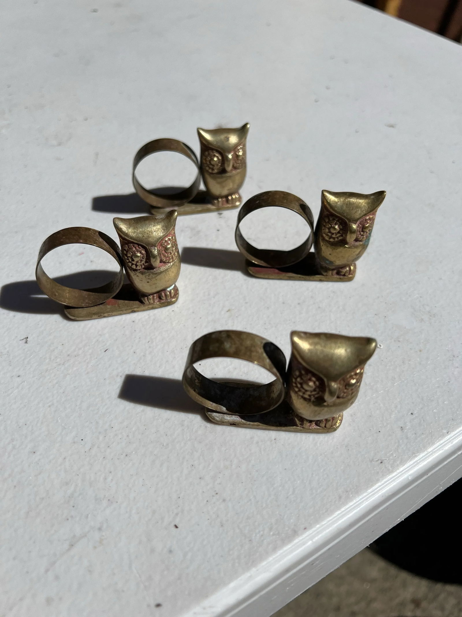 1970s Collection of Brass Owl Napkin Rings- Set of 4 - 4