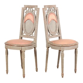 Pair of Early 1900s Gray Painted Pink Upholstered French Louis Philippe Side Chairs