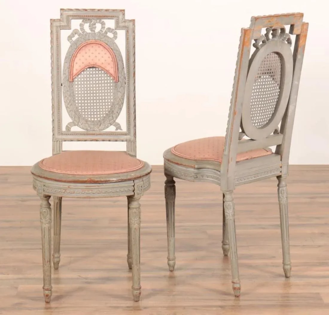 Pair of Early 1900s Gray Painted Pink Upholstered French Louis Philippe Side Chairs - 2