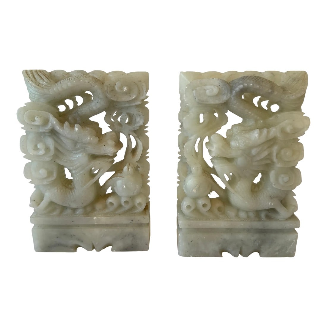 Pair of Late 19th Century Carved Onyx Dragon Asian Bookends: Pair of Carved Onyx Dragon Bookends – Asian-Inspired Elegance Add a touch of mystique and refinement to your shelves with this exquisite pair of carved onyx dragon bookends. Featuring detailed