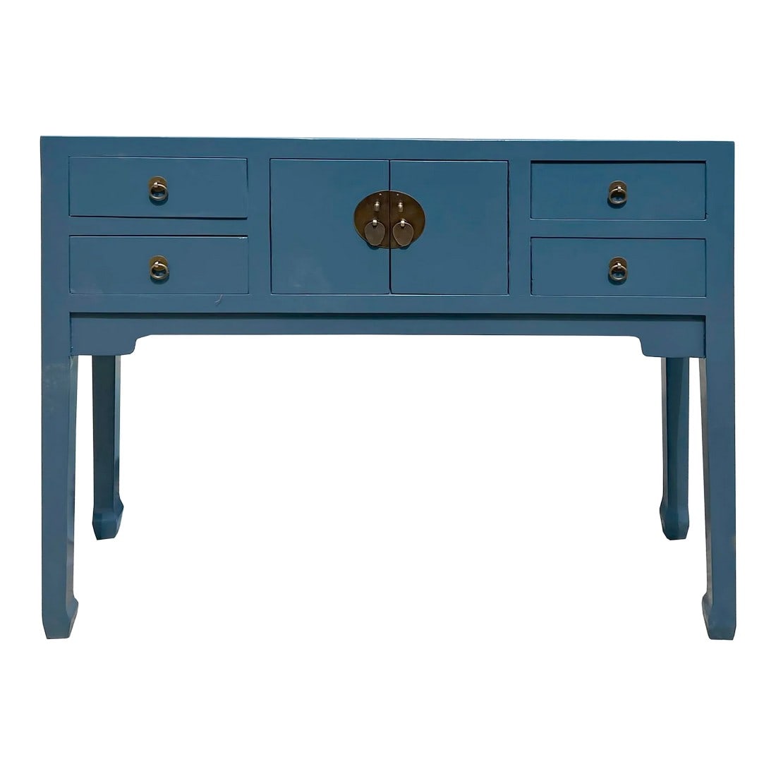 47" Chinese Pastel Venice Blue 4 Drawers Slim Narrow Foyer Side Table: This is a simple pastel venice blue #35607A lacquer slim narrow console side table with a straight-leg design. Drawers are decorated with Asian-style handles. Dimensions: w47"x d14"x h34" ,