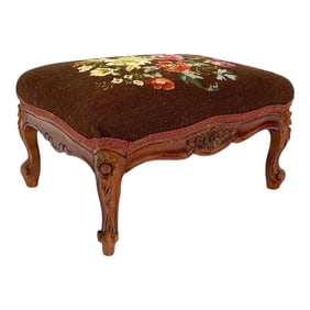 Late 20th Century Antique French Style Hand Stitched Needlepoint and Carved Wooden Foot Stool