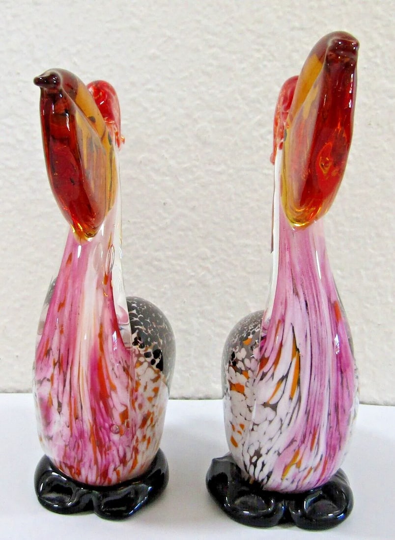 1980s Pair of Vintage Murano Style Art Glass Pelican Figurines With Fish in Mouth - 11
