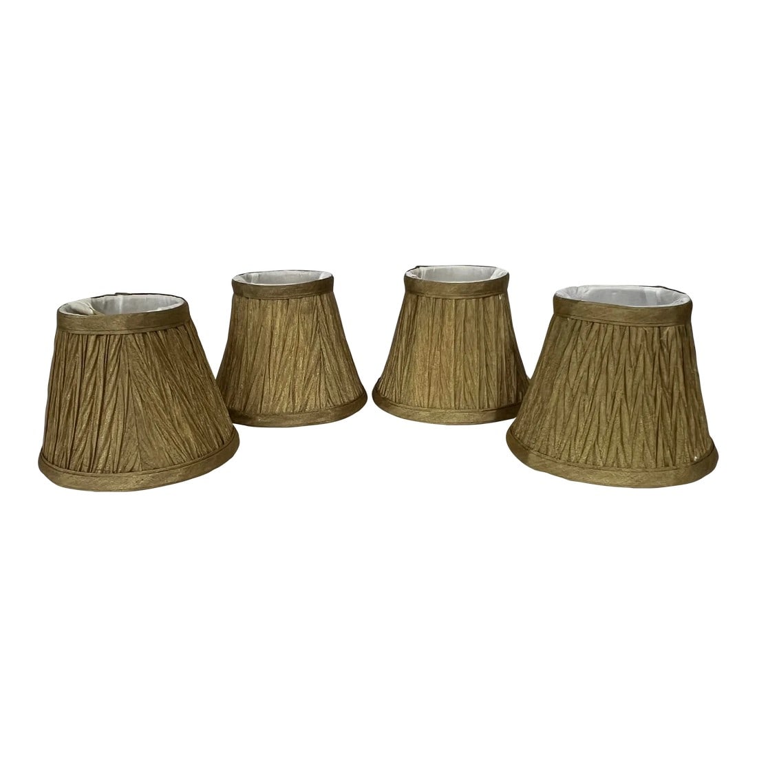 Pleated Mini Shades for Candlestick and Chandelier Lighting - Set of 4: Set of 4 tan pleated mini lamp shades perfect for candlestick lamps or chandeliers. Measures 5" bottom diameter x 3" top diameter x 4" h. Condition: Alterations: Original Condition Unaltered