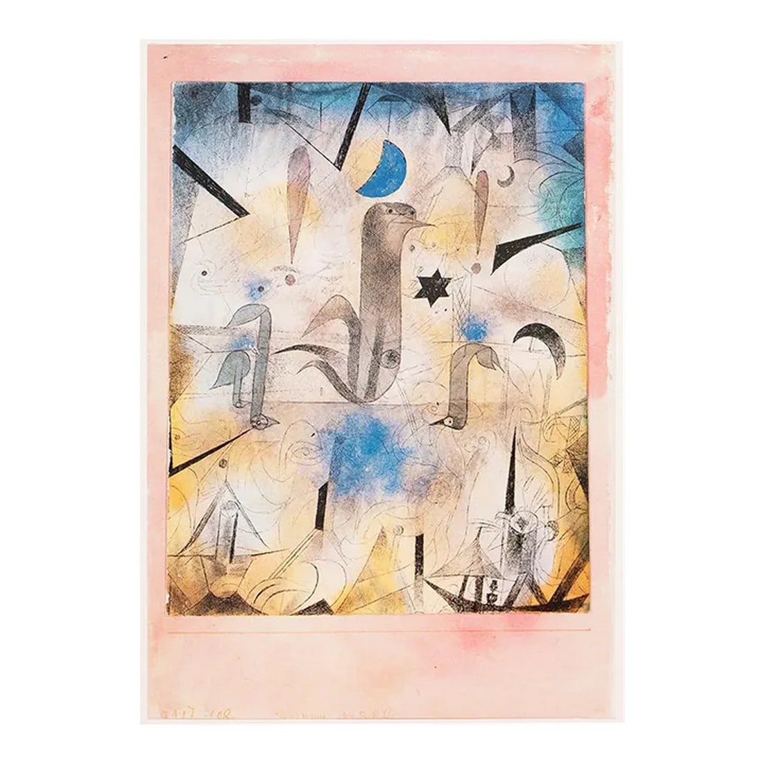 1989 afterPaul Klee "Vessel Caution", Full-Color Print From France: An excellent full-color print after painting "Vessel Caution" by Paul Klee. Published by New French Editions in France in 1989. Printed on one side. Attached to a board of heavy paper. Information