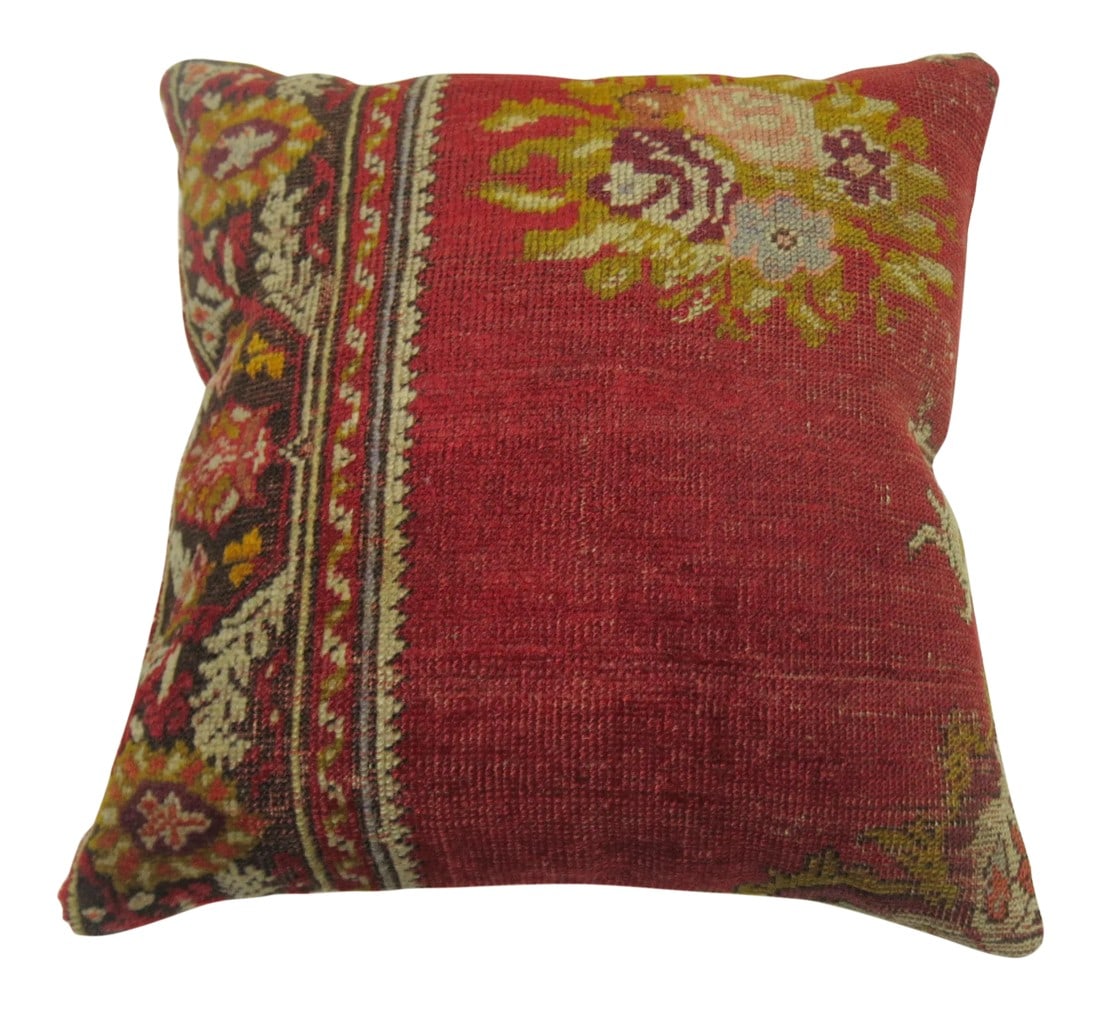 Mid 20th Century Red Turkish Rug Pillow: Pillow made from a vintage Turkish rug with cotton back. Zipper closure and foam insert provided. 1'5''x1'6'' Condition: Alterations: Unknown Imperfections: Some Imperfections Condition Notes: Because