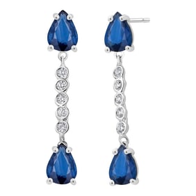 Four Pear Sapphires Diamond 3.55 Carat 1.25 Inch Long Dangle 14 Karat White Gold Earrings - 2 Pieces