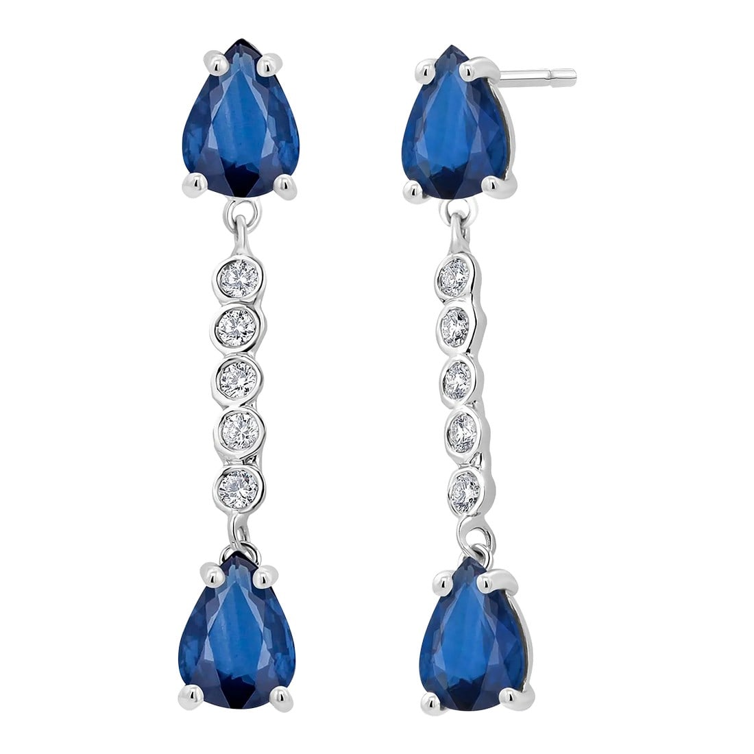 Four Pear Sapphires Diamond 3.55 Carat 1.25 Inch Long Dangle 14 Karat White Gold Earrings - 2 Pieces: This is part of Chairish's Fine Jewelry assortment. Introducing our exquisite Four Pear Sapphires and 3.30 Carat Diamond Linear Dangle Earrings, a stunning addition to your jewelry collection.