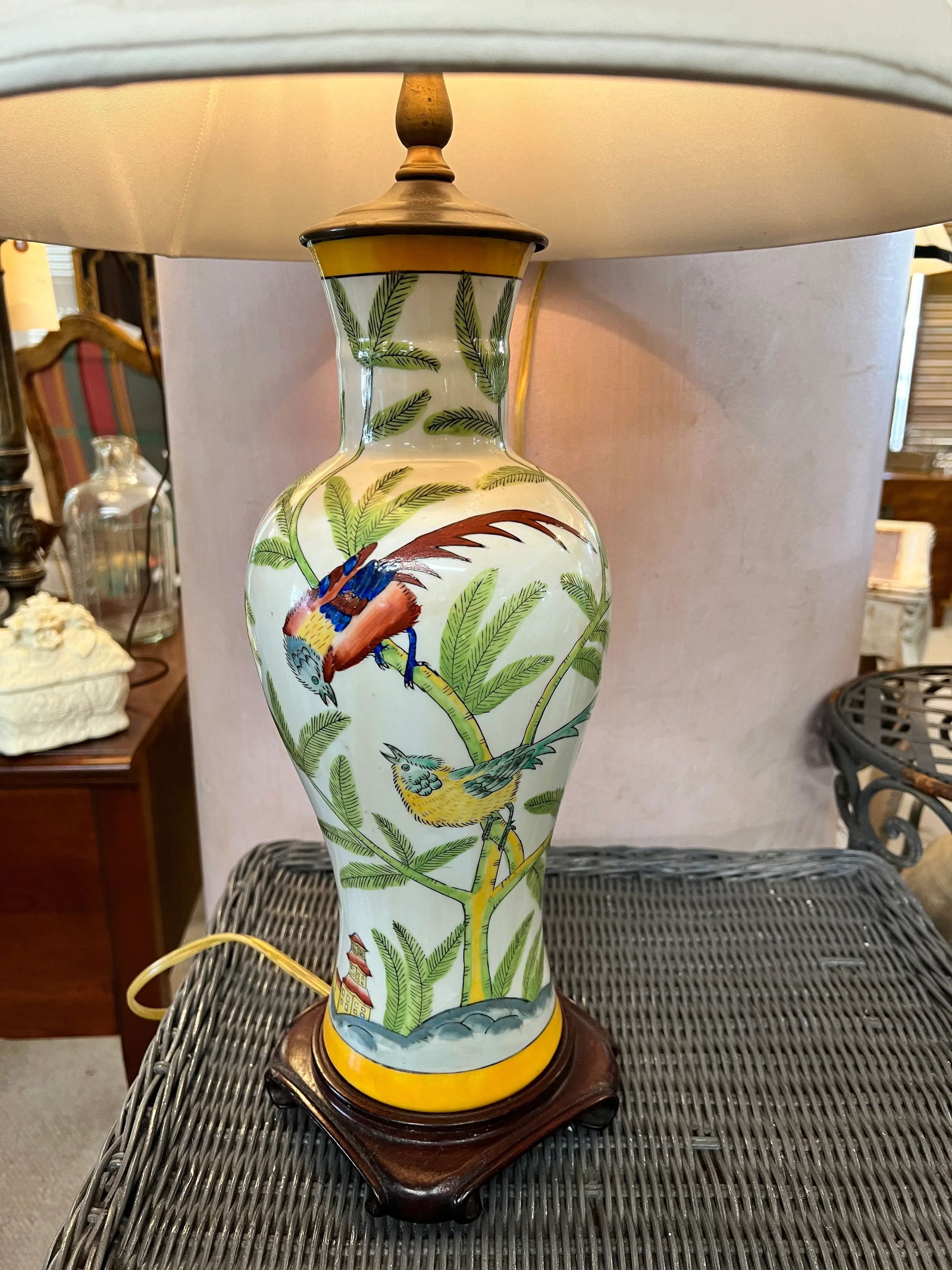 Chinoiserie Lamp Depicting Bamboo, Birds and Pagodas, Shade Included - 3