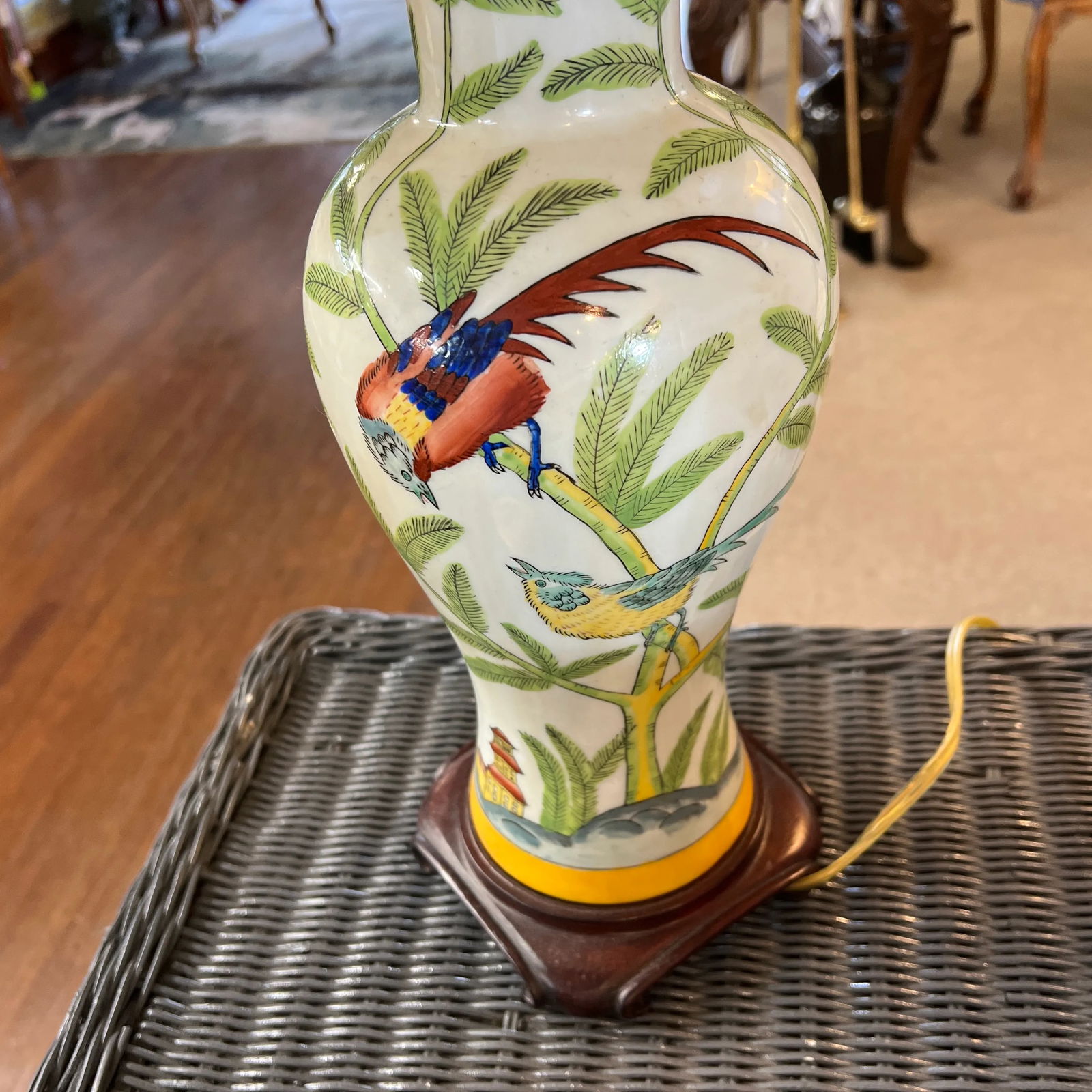 Chinoiserie Lamp Depicting Bamboo, Birds and Pagodas, Shade Included - 4
