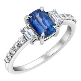 Emerald Shaped Ceylon Sapphire Diamond 1.66 Carat 18 Karat Gold Three Stone Ring Size 6