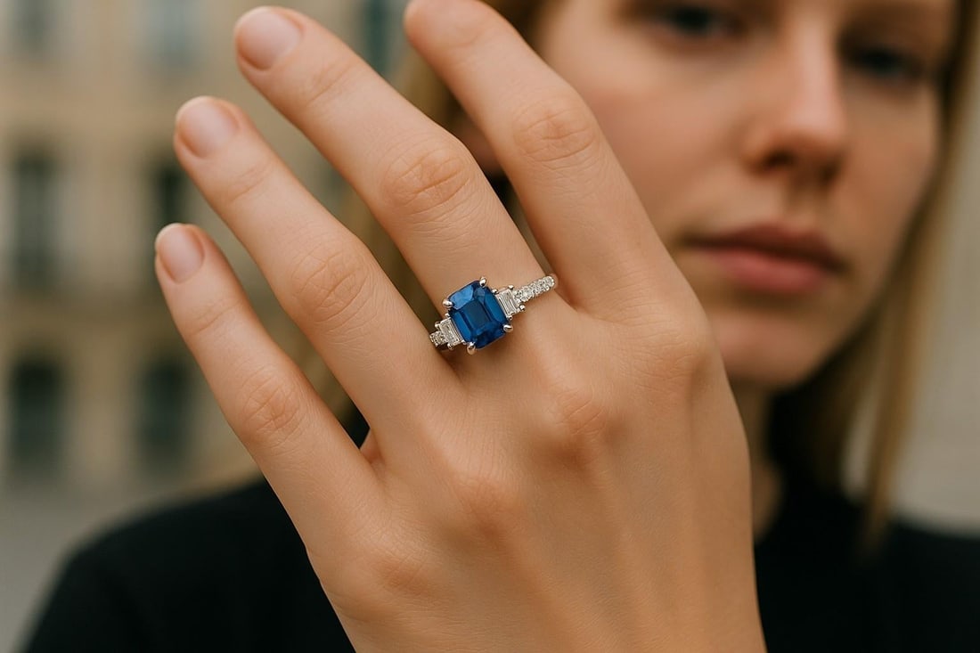 Emerald Shaped Ceylon Sapphire Diamond 1.66 Carat 18 Karat Gold Three Stone Ring Size 6 - 2