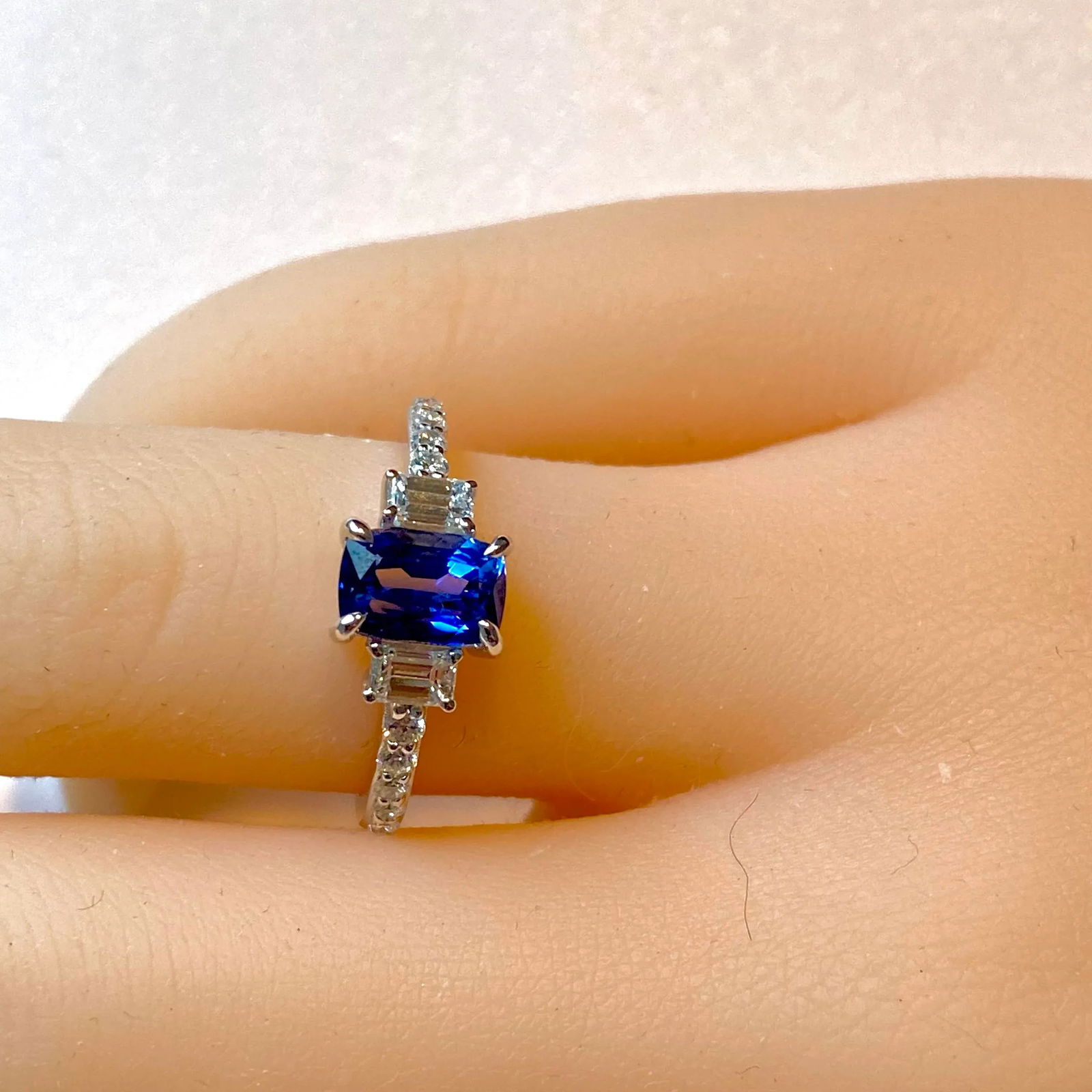 Emerald Shaped Ceylon Sapphire Diamond 1.66 Carat 18 Karat Gold Three Stone Ring Size 6 - 6