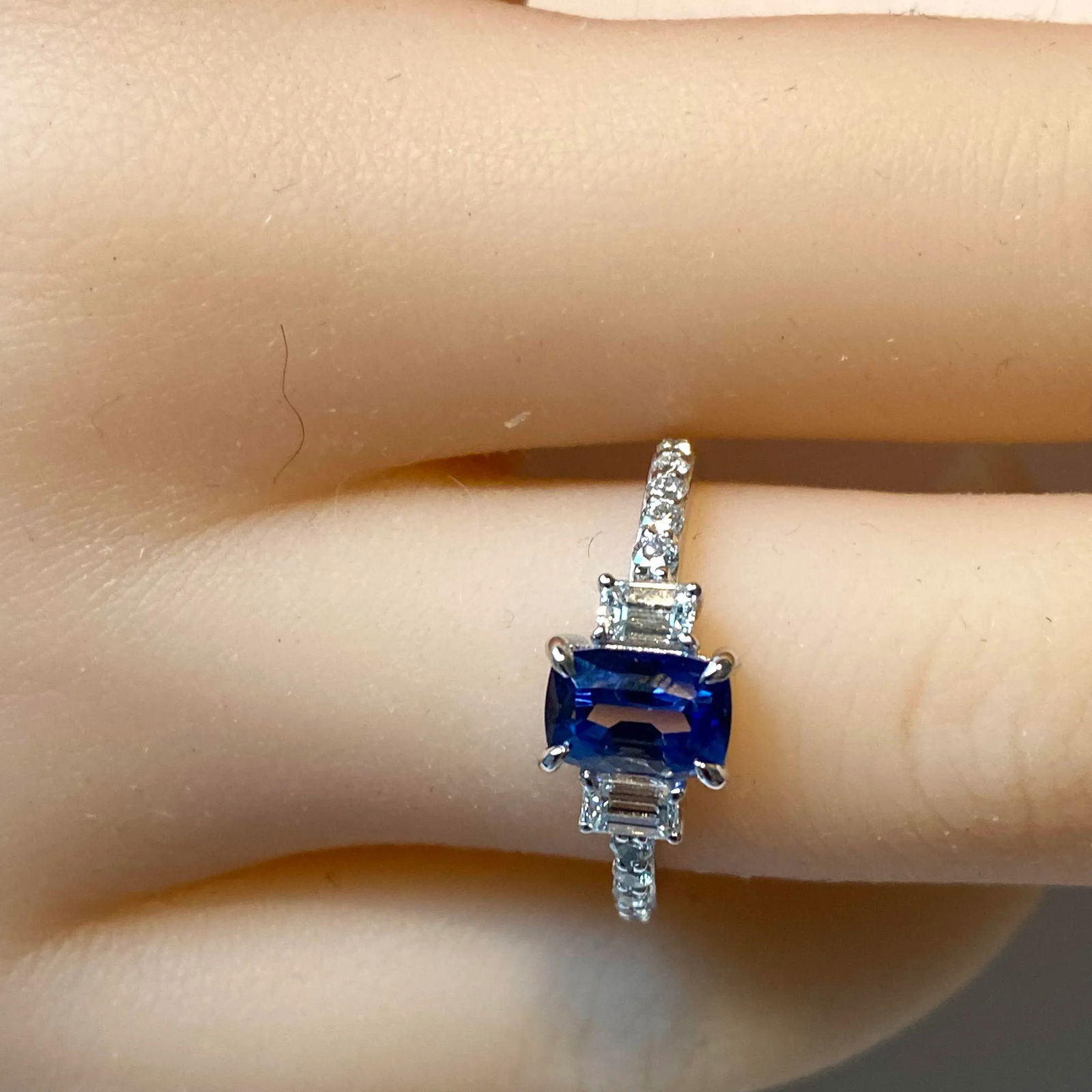 Emerald Shaped Ceylon Sapphire Diamond 1.66 Carat 18 Karat Gold Three Stone Ring Size 6 - 7