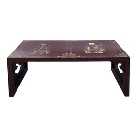 Vintage Chinese Brick Red Lacquer Deity Inlay Graphic Low Kang Coffee Table