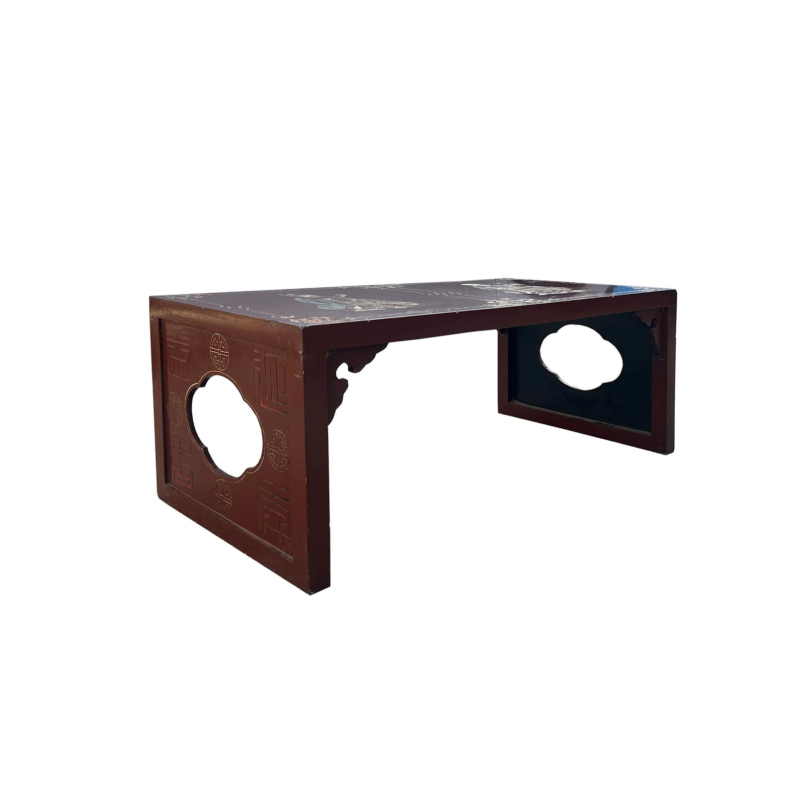 Vintage Chinese Brick Red Lacquer Deity Inlay Graphic Low Kang Coffee Table - 3