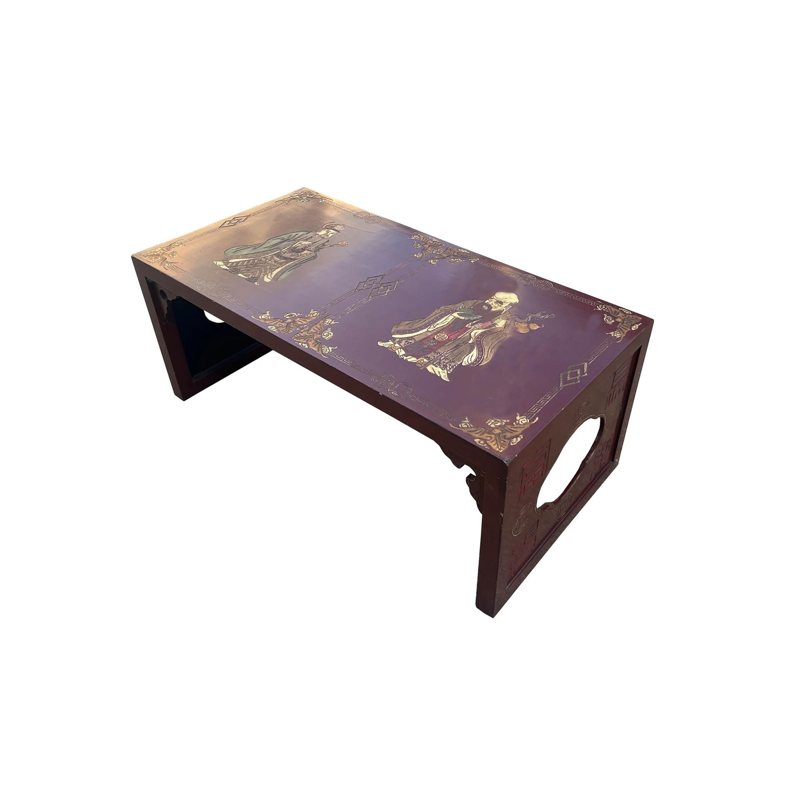 Vintage Chinese Brick Red Lacquer Deity Inlay Graphic Low Kang Coffee Table - 4