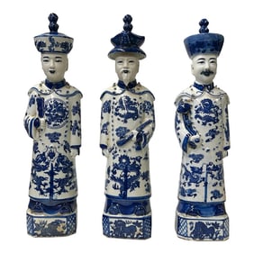 15.5" Chinese Blue White 3 Standing Ching Qing Emperor Kings Figure Set