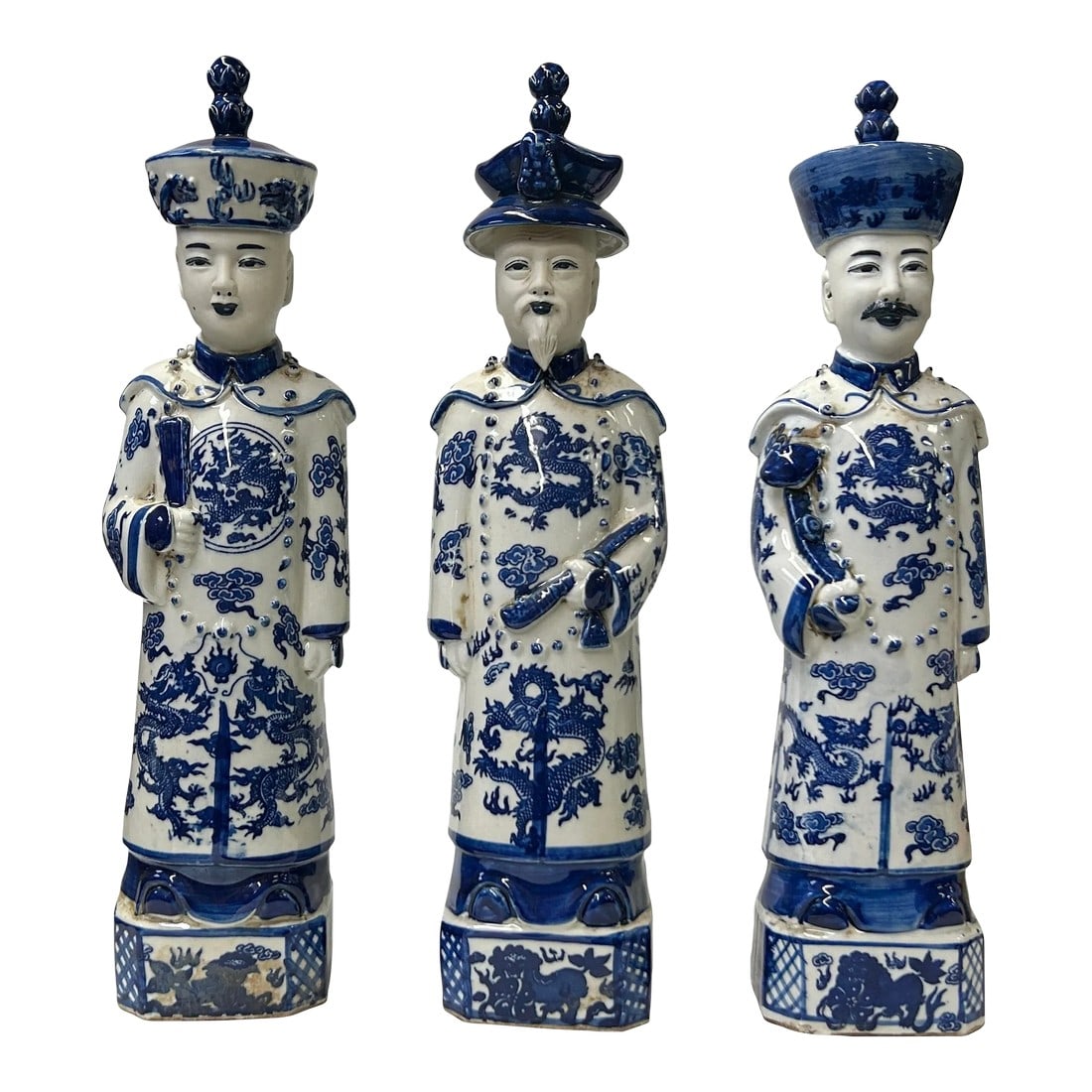 15.5" Chinese Blue White 3 Standing Ching Qing Emperor Kings Figure Set: The Chinese Blue White 3 Standing Ching Qing Emperor Kings Figure Set is a stunning representation of historical significance and artistic craftsmanship. Each figure in the set depicts one of the