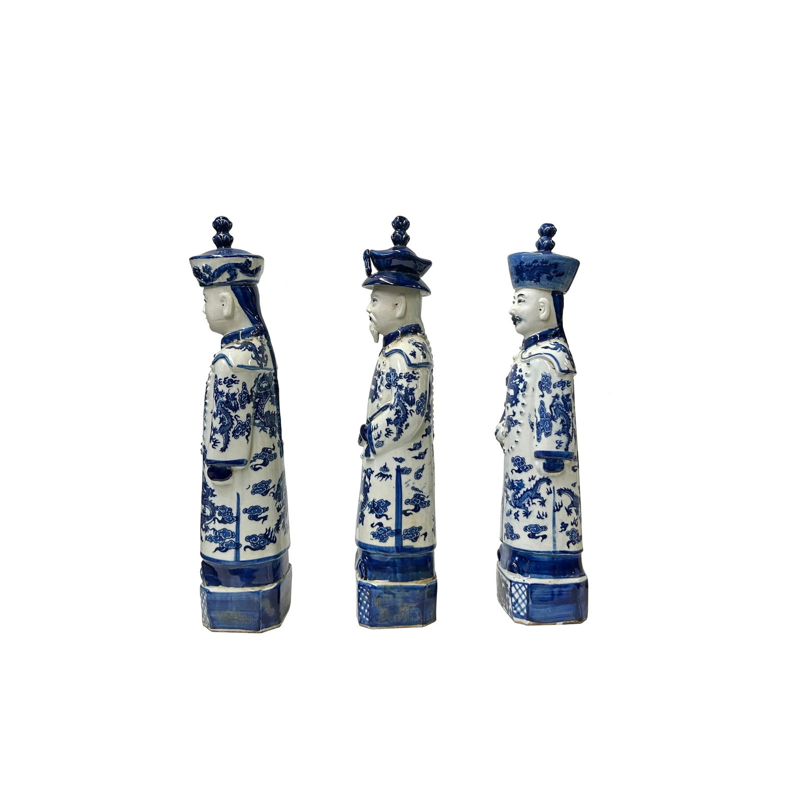 15.5" Chinese Blue White 3 Standing Ching Qing Emperor Kings Figure Set - 2