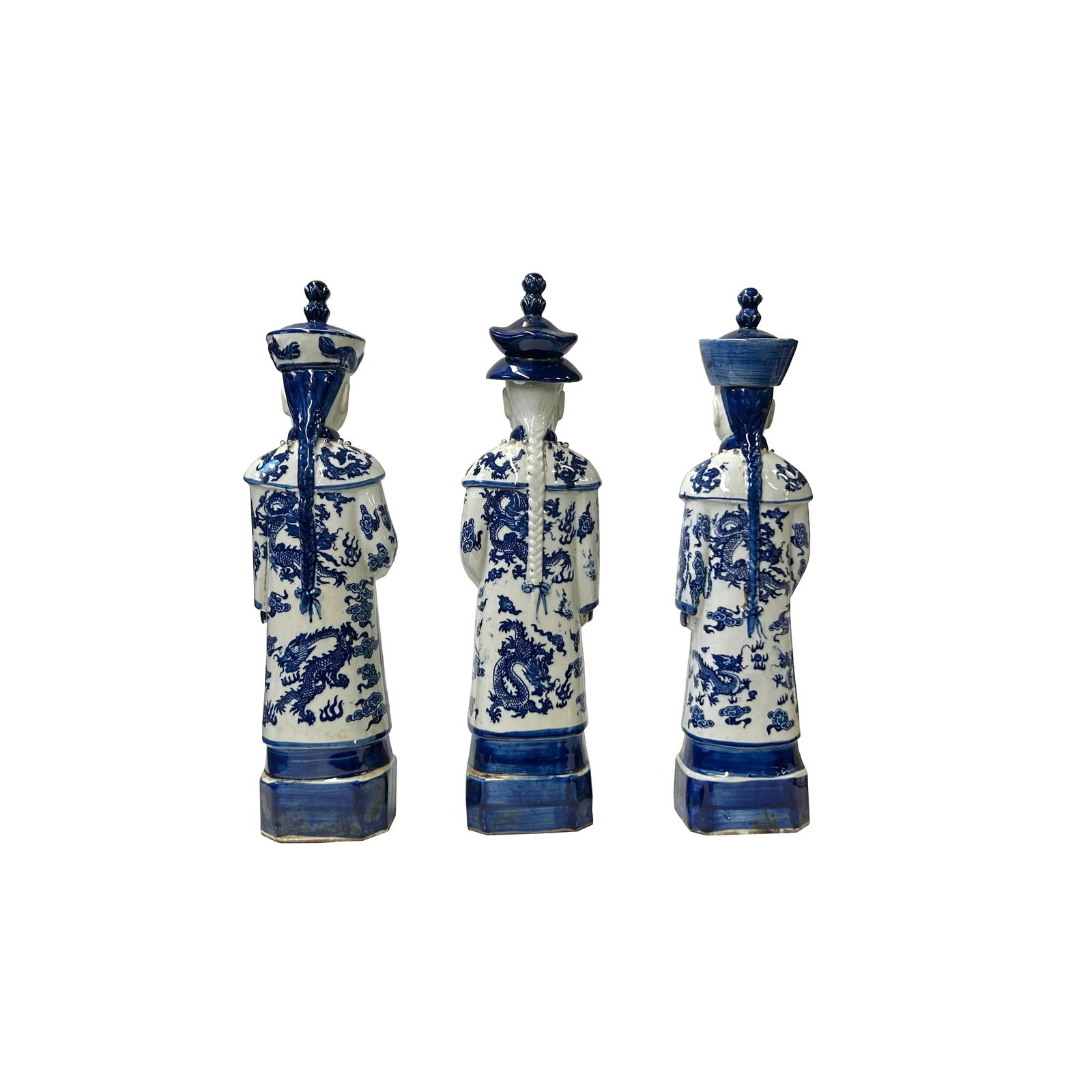 15.5" Chinese Blue White 3 Standing Ching Qing Emperor Kings Figure Set - 3