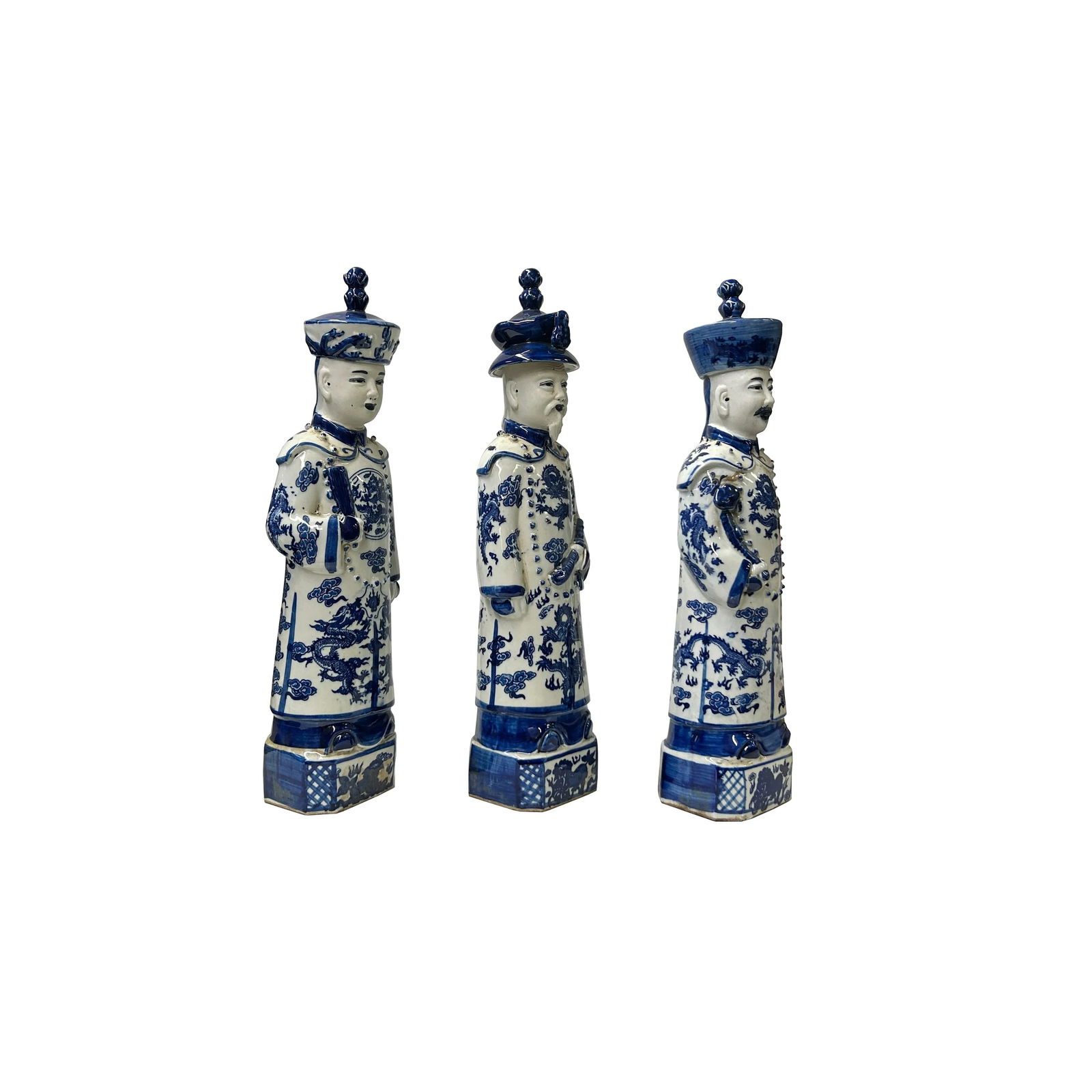 15.5" Chinese Blue White 3 Standing Ching Qing Emperor Kings Figure Set - 4