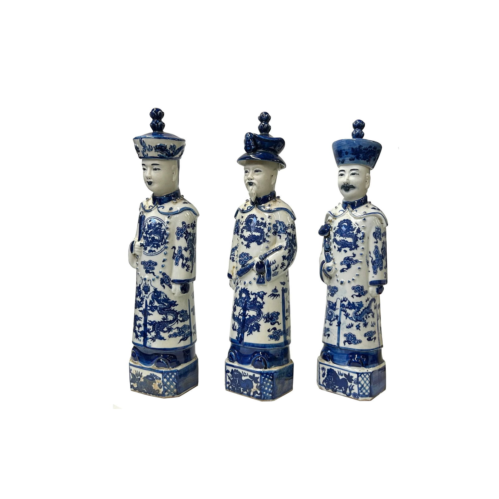 15.5" Chinese Blue White 3 Standing Ching Qing Emperor Kings Figure Set - 5